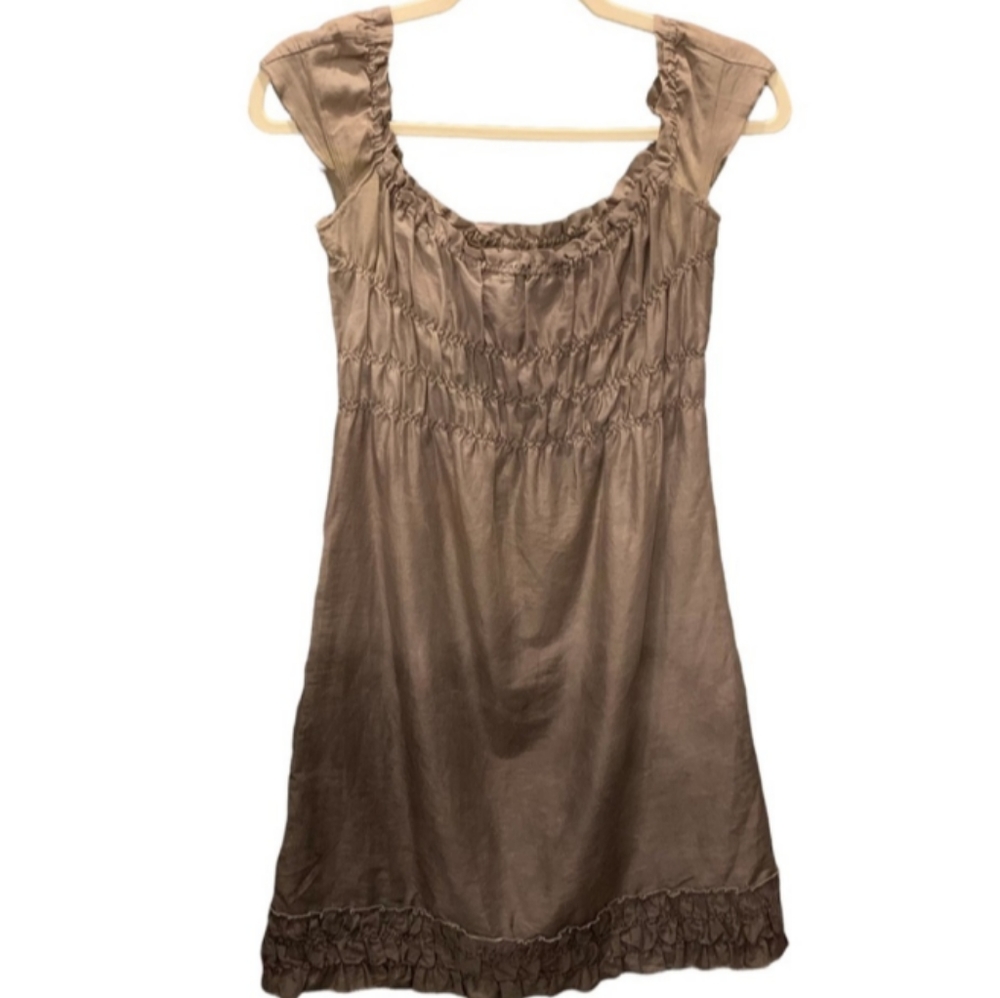 Theory Mini Dress Scoop Neck Tan Light Brown Ombre Smocked Top Designer XS - Picture 8 of 9
